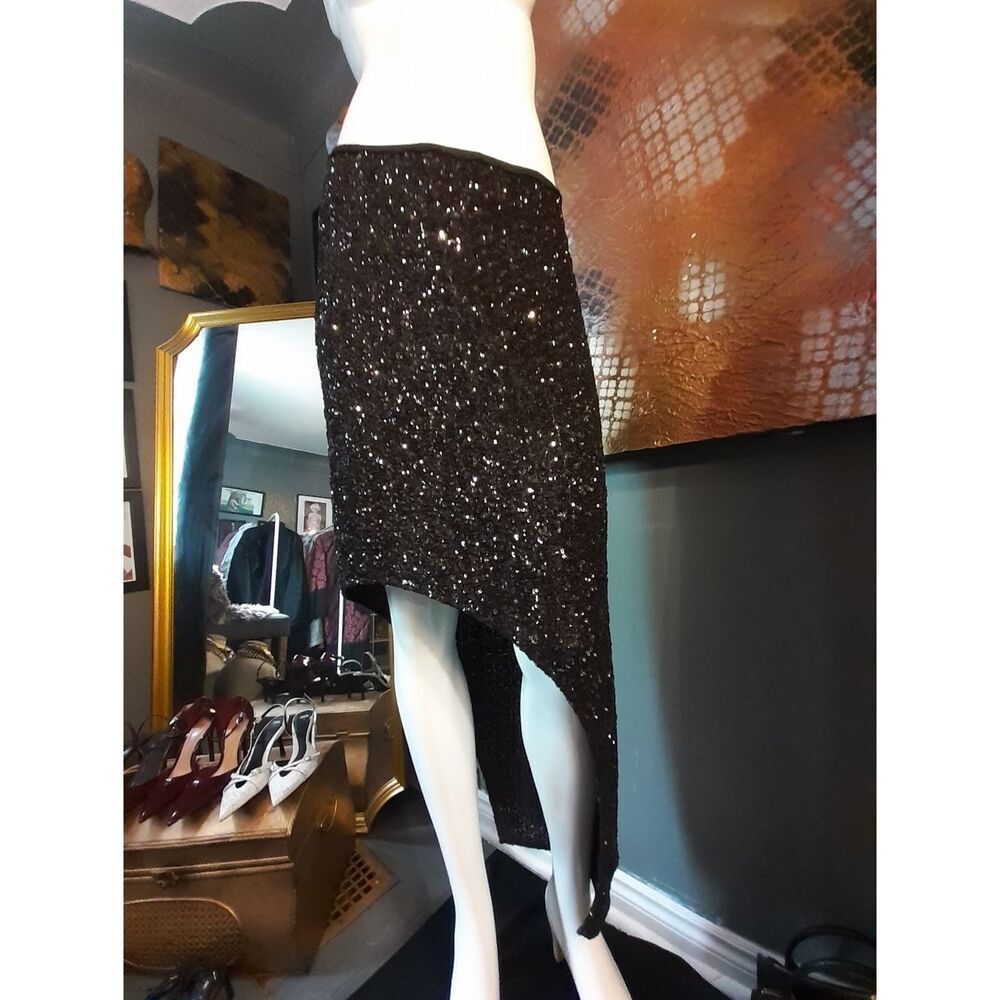 Zara Nwt Limited Edition Dark Brown Sequin Asymmetrical Skirt